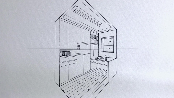 两点成线手绘L型书房内部书柜转角书桌，虽小但齐全的设计#书房