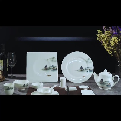 中式酒店摆台餐具三件套骨碟翅碗茶杯汤勺饭店会所山水画陶瓷餐具