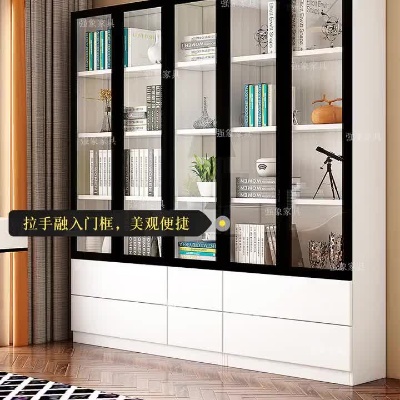 现代简约书柜定制整墙落地钢化玻璃门书橱展示柜储物柜客厅靠墙
