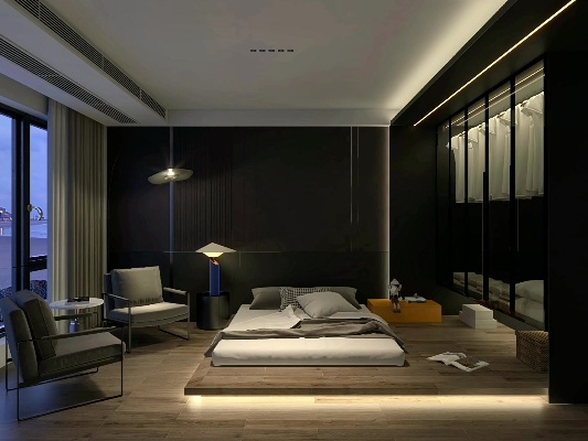 暗黑系卧室的夜景灯光效果，内含灯光参数！卧室设计