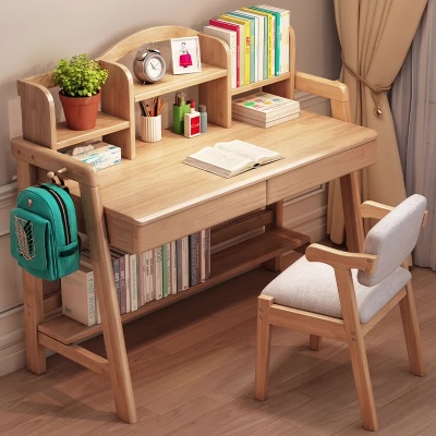 实木书桌书架一体桌卧室小户型写字台简约家用学生升降儿童学习桌