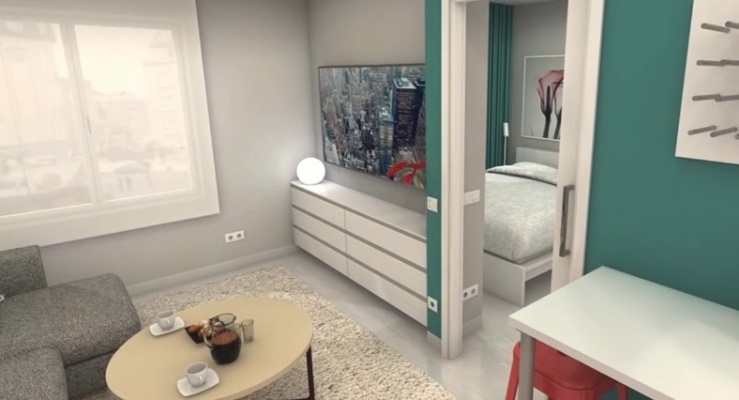 30平米小户型空间布局，客厅厨房连一体，卧室卫生间连一体！