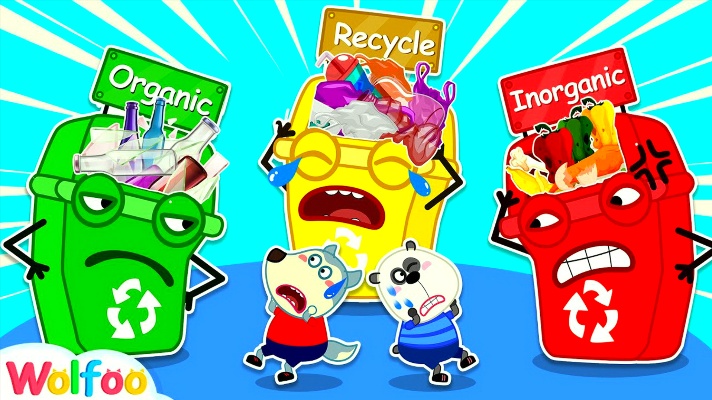 分清三种颜色的垃圾桶，小狼沃夫学会垃圾分类，儿童卡通动画视频
