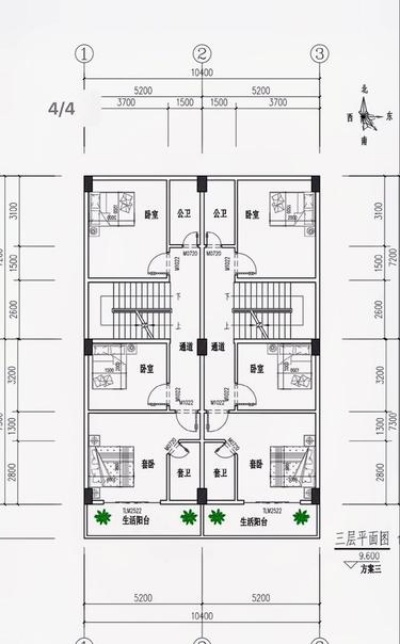 开间10.4m进深14.5m兄弟双拼三层住宅楼独立楼梯单户设计为两户关系做长远考虑。自建房设计图纸