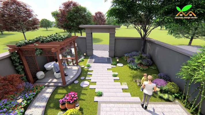 农村乡村自建房别墅庭院景观绿化翻新改造设计效果图动画