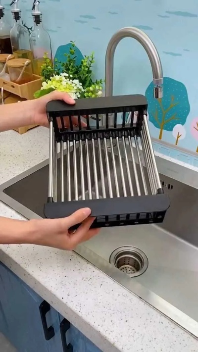 不锈钢伸缩沥水架，大小水槽都合适，洗菜洗碗洗水果，还可以放刷碗工具。